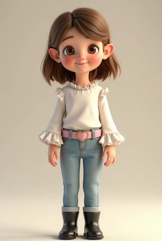 3D image of a 5 year old child full body. Wearing a white blouse with ruffles on the sleeves and light jeans with a light pink belt and a gold heart buckle.  She has light brown hair and brown eyes., and white skin. Straight hair parted on the side, shoulder length,  loose and with bangs. Small, slanted eyes and is smiling with eyes.  black boot. Face is tapered at the chin and small ear 