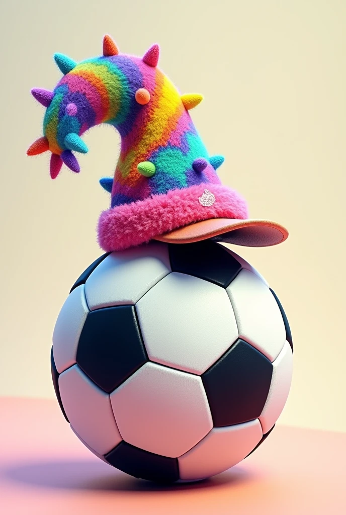 A soccer ball with a colorful cap on top of the ball