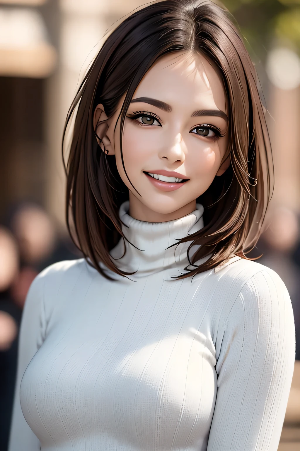 ((masterpiece)), ((Highest quality)), ((Complex)), ((Surreal)), (Realistic), (Mature Woman), ((No classes)), Very detailed, (1 female), Beautiful and exquisite, (Beautiful Teeth), Grin, Brunette bob hair, Brown eyes, ((Blue turtleneck)), (Upper Body), (background:none), Perfect Eyes, Captivating eyes, Looking at the audience