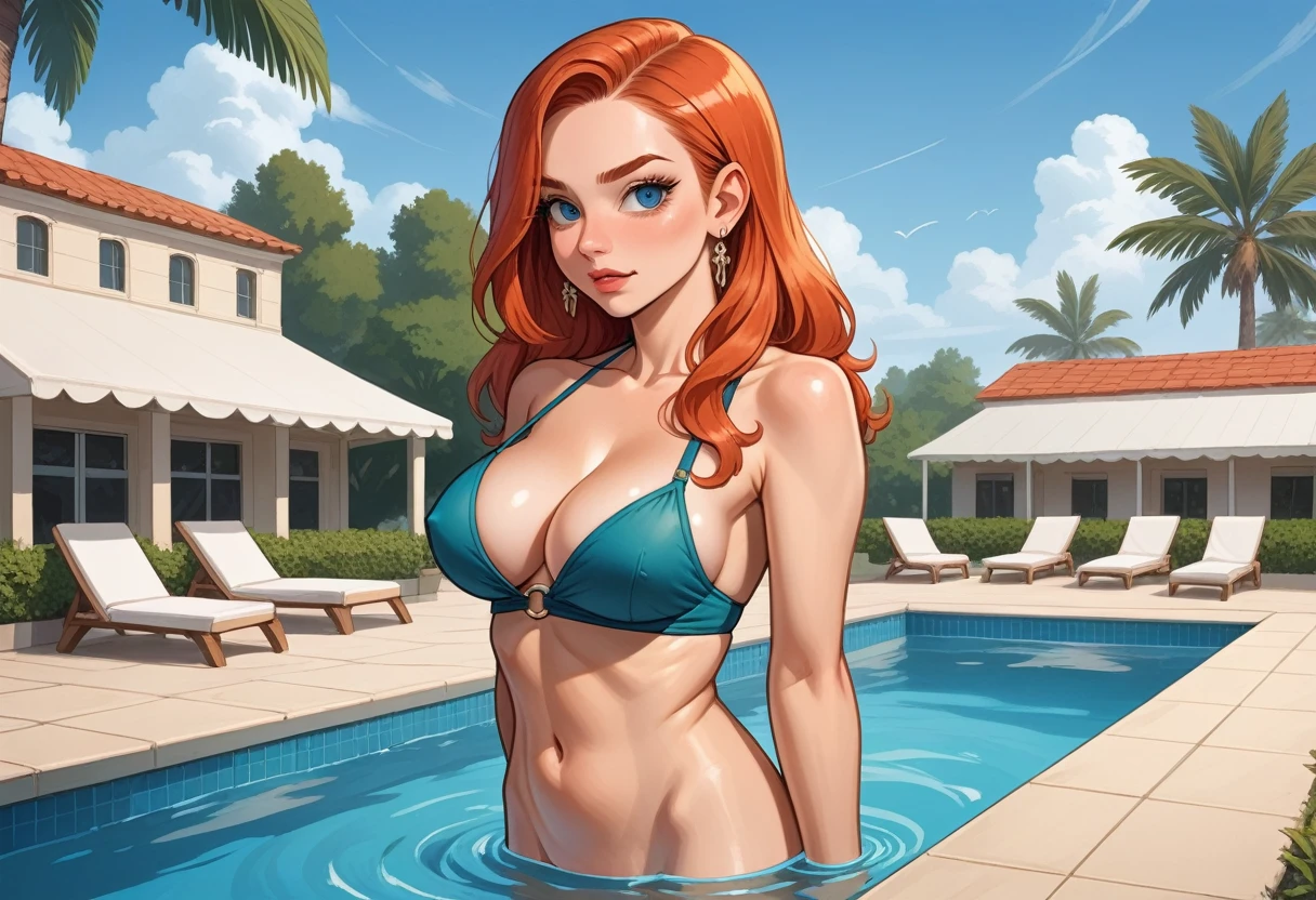 (1girl, 1boy, duo:1.2, (boy is fucking her hard, standing) ), (girl is (redhead long hair), perfect body, detailed eyes ), (boy is nude with big penis, (Long blonde hair):1.2, muscular, bulky):1.1, (background pool), (high detailed)