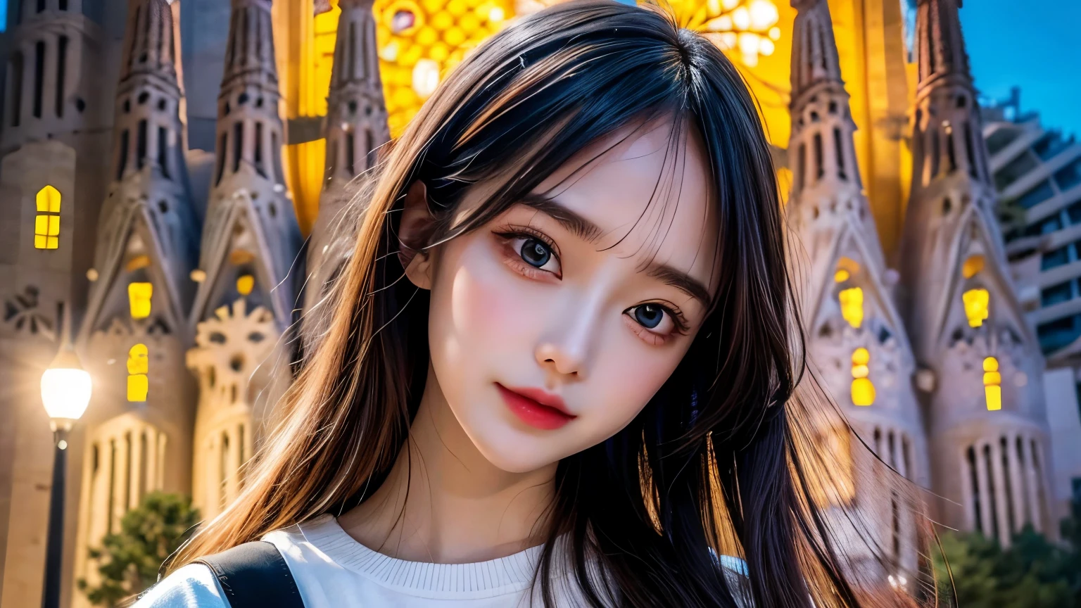 (masterpiece, highest quality:1.1), (Popart Style),Flat Color,(1 Girls),Cute face,Have a nice trip,(Sagrada Familia)，Spain, Beautiful detailed scenery, Beautiful lighting,very happy,Dynamic pose,Portrait Photography, sharp,An illustration：unreadable, 