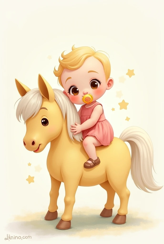 A little baby, blonde, Brown eyes, with a pink dress and a pacifier, riding a light yellow horse, short white mane like a watercolor drawing 
