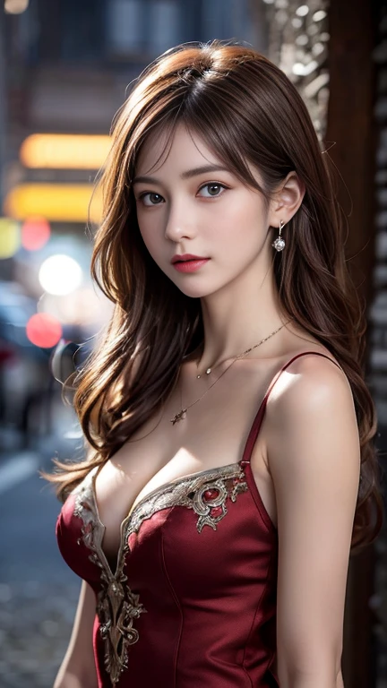 1 girl, very bright backlighting, solo, {beautiful and detailed eyes}, summer night, large breasts, calm expression, natural and soft light, hair blown by the breeze, delicate facial features, Blunt bangs, beautiful russian girl, eye smile, very small earrings, 22yo, ((model pose)), Glamor body type,(colorful hair, Half red and half brown hair:1.2), flim grain, realhands, masterpiece, Best Quality, photorealistic, ultra-detailed, finely detailed, high resolution,brown messy hair, perfect dynamic composition, beautiful detailed eyes, russian girl,((nervous and embarrassed)),sharp-focus, beautymix, FilmGirl,smile,(wearing a medieval European-style dress,necklace:1.3),revealing a glimpse of cleavage,(cowboy shot:1.5)