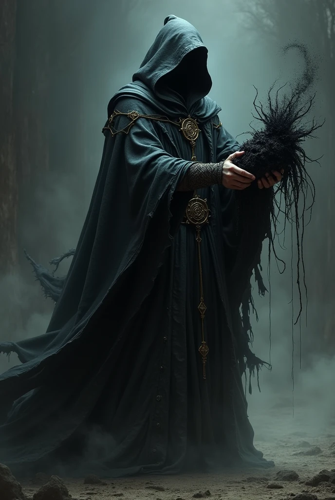 A wizard in a black cloak and hood with a demon in his hands