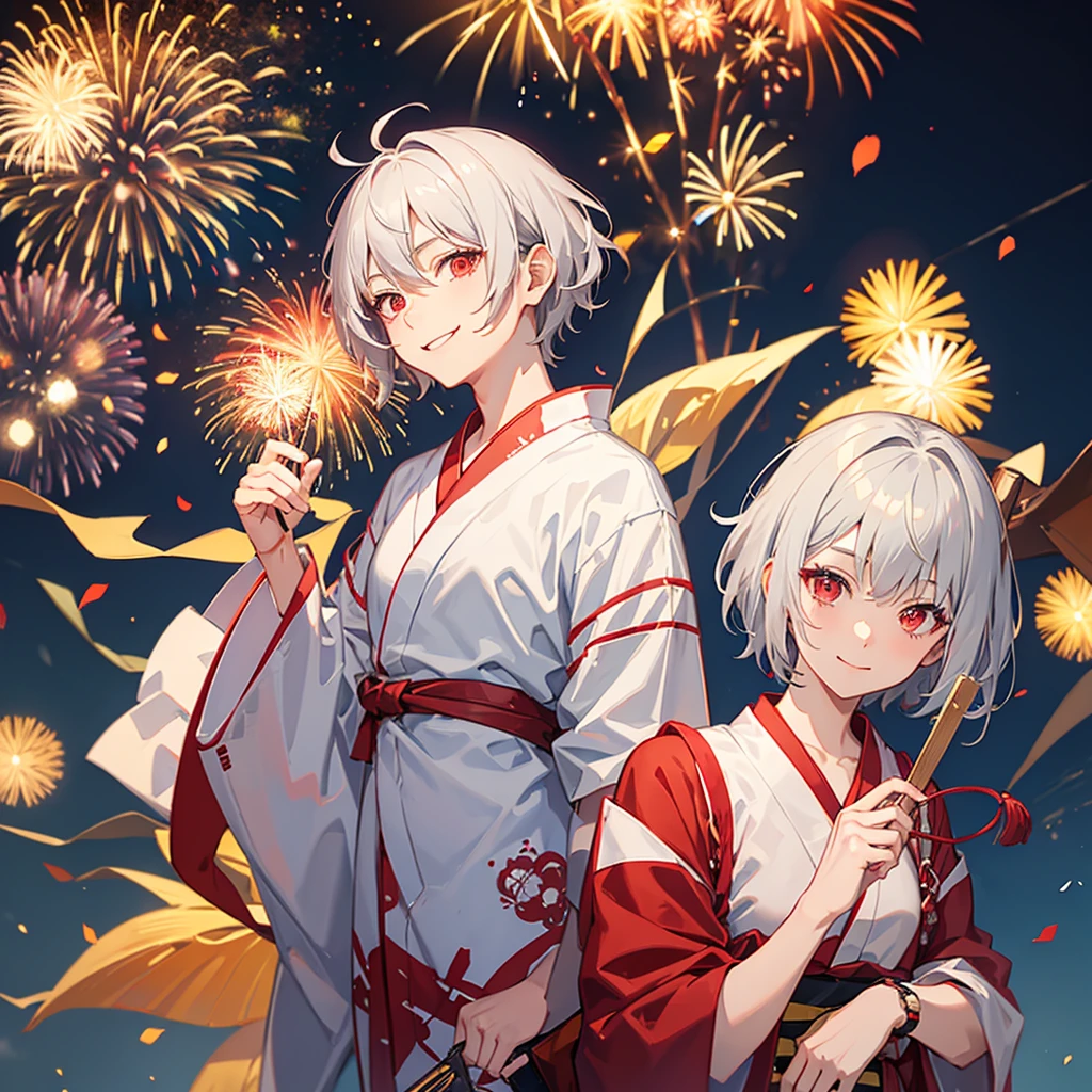 One Man, Gray Hair, Red eyes, smile, Anime Style, Short Hair, yukata, firework