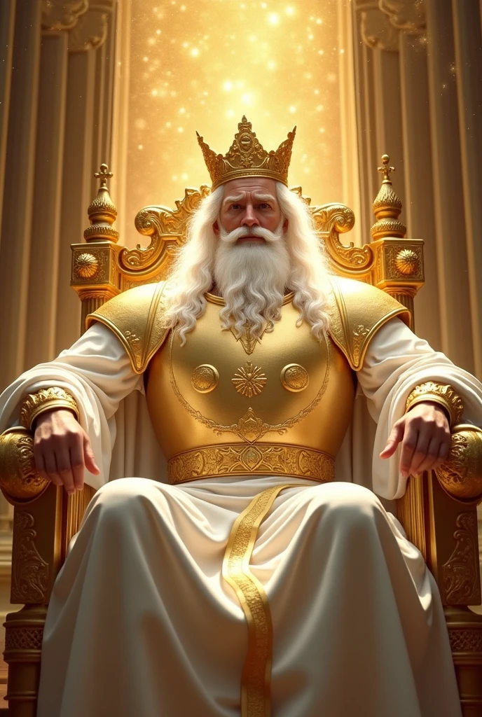 a young luminous man with posture, powerful and majestic, with huge white hair, with a big white beard, facing the front, with large white robes, with a breastplate, with a golden belt and a large shining golden crown on his head sitting and leaning on a large throne, and exalted and spacious all in gold with shoulder armor and open arms