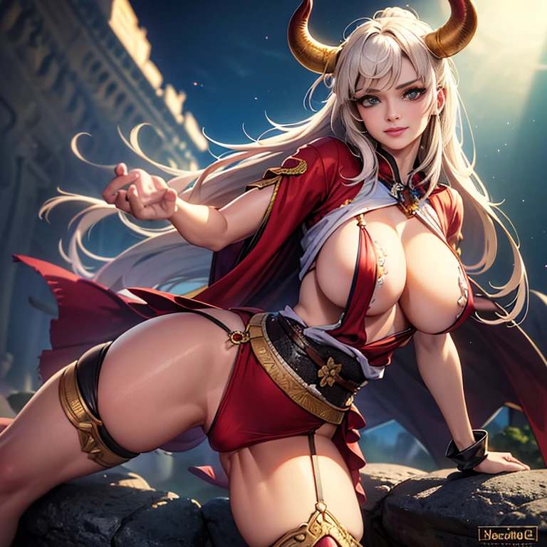 text, Highest quality, masterpiece, 4K, Absurd resolution, Ultra-high resolution, 8k, Actual, Realistic, Bright colors, Bokeh, Vibrant color palette, Great studio lighting, Very detailed, Detailed skin, Detailed Hair, Detailed fabric, BREAK, YamatoV2(one piece), sexy Pose, Perfect body skinny, Beautiful Eyes, Beautiful Lips, Highly detailed face, Long eyelashes, , sexy, horn(Wrapping , Left and right pair, multicolo Red), large breasts , Cleavage, Slim waist, smile, Torn clothes, Loincloth, Hands in chains, Very detailed, Bright colors, ,The clothes are see-through , full-body, dynamic angle, (background is Japanese Castle)