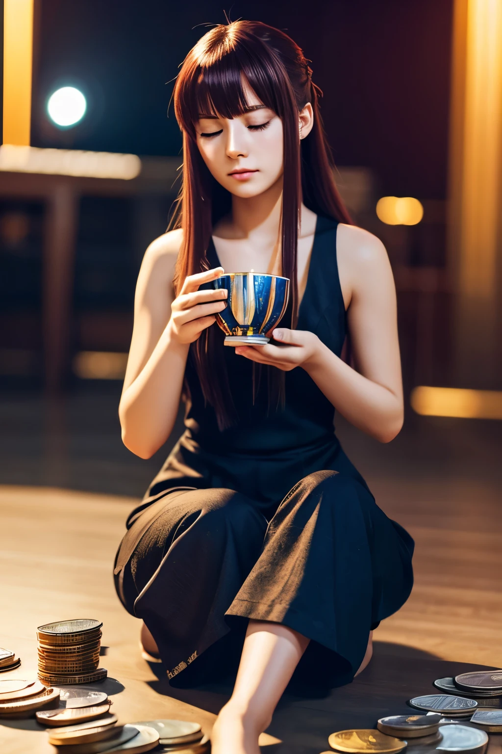 Animated stryopoam cup with low eyes sitting down counting moneyBest Quality, Long Hair,Red Eyes, Jewelry, Motion Blur, Anime, 