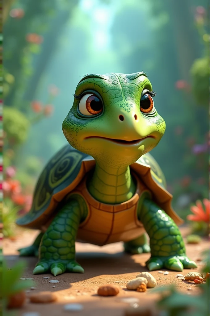 Create a very mischievous Pixar-style turtle image