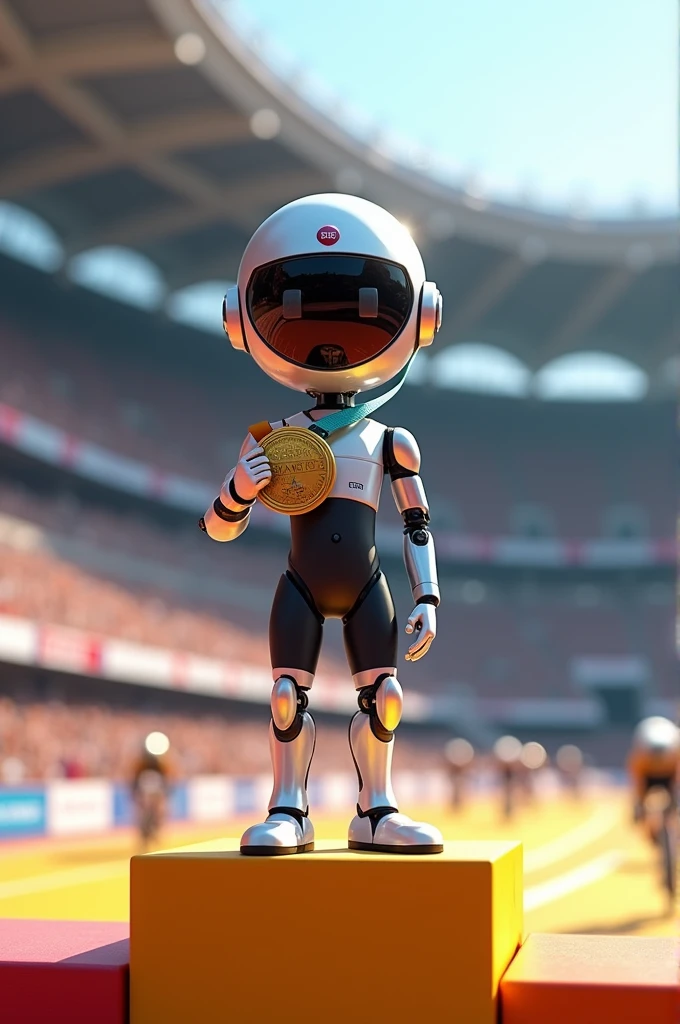 The pocket rockeman, hand on pocket , stand on podium , keirin bicycle, olympic medal