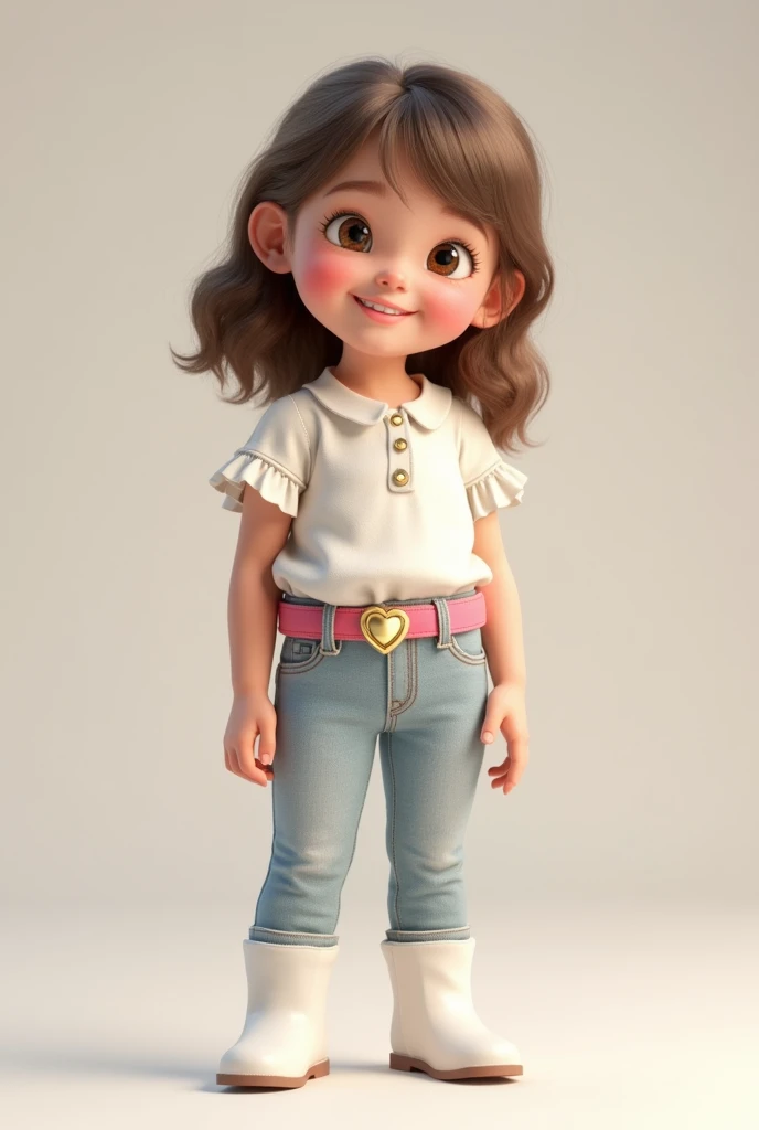 3D image of a 5 year old child full body. Wearing a white blouse with ruffles on the sleeves and light jeans with a light pink belt and a gold heart buckle. She has light brown hair and brown eyes., and white skin. Straight hair parted on the side, shoulder length, loose and with bangs. Small, slanted eyes and smiling Black boots. Face is sharp and ear is small