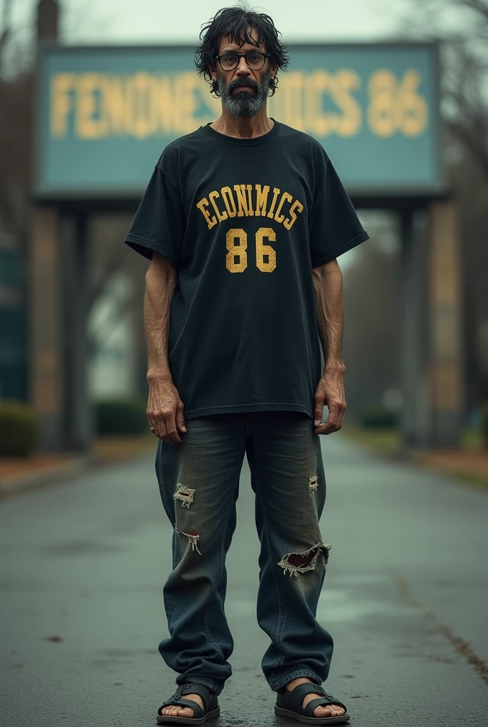 (photorealism:1.2), full body photo,
1man slender, rough drunkard face, sleepy eyes, wearing reading glass , dark black messy hair ,  ((oversized black t-shirt with text as "PIDEL")), worn out jeans trousers, sandals,
looking at viewer,
background university building with Large Display Board says "ECONOMICS 86", bokeh
