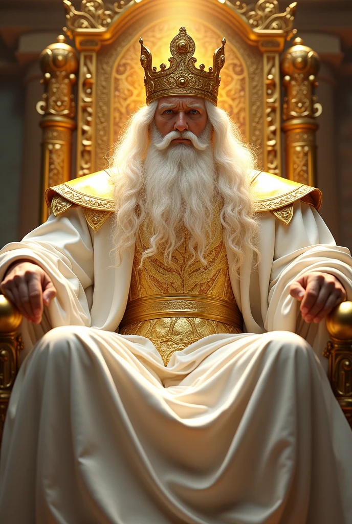 a young luminous man with posture, powerful and majestic, with huge white hair, with a big white beard, facing the front, with large white robes, with a breastplate, with a golden belt and a large shining golden crown on his head sitting and leaning on a large throne, and exalted and spacious all of gold with shoulder armor