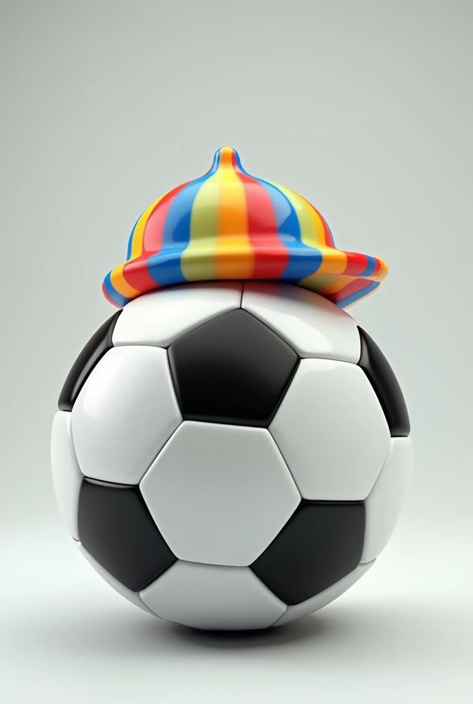 A soccer ball with a cap with colored stripes that covers the top of the ball