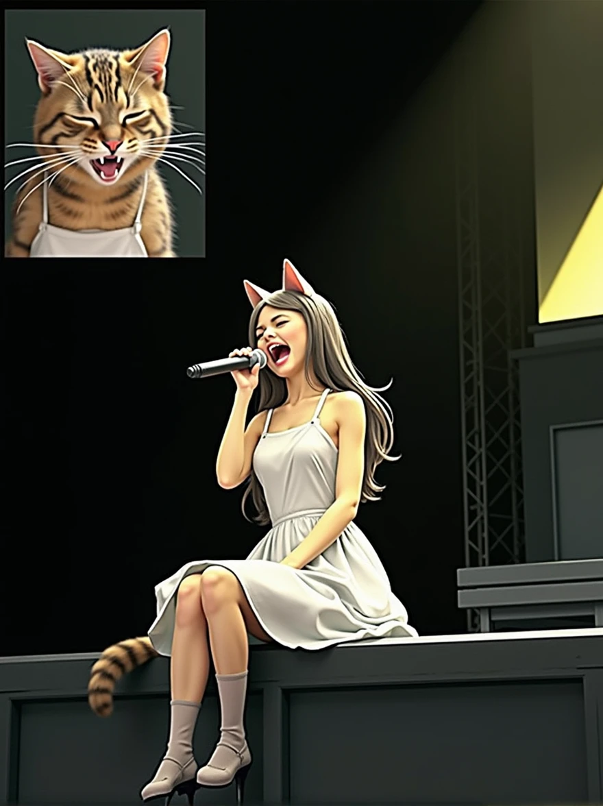 A female cat wearing a one-piece white dress is sitting at the edge of the stage and singing with a microphone。In the small window at the top left of the screen, a close-up of a cat's face with its mouth wide open and yawning.。(((photograph、Realistic)))