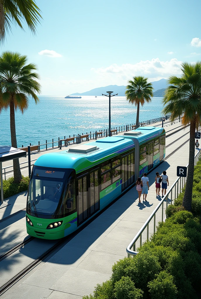 Panama Amador Causeway with a modern tram at a stop