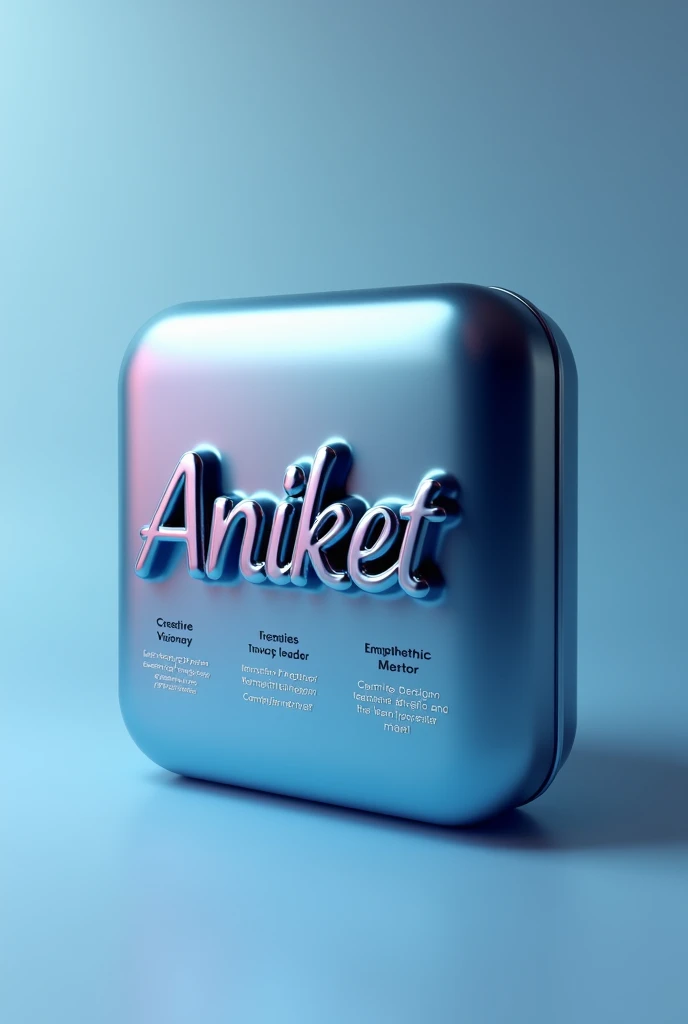 {
"prompt": "A 3D-rendered image of a sleek, modern website-style container with a glossy finish and subtle drop shadows. The container is designed with rounded edges, resembling a user interface card or widget. The top of the container displays your name is Aniket in a beautiful, modern web font, like a mix of cursive and sans-serif. Below the name, there's space for glowing, neatly aligned text lines with compliments such as 'Creative Visionary,' 'Innovative Leader,' and 'Empathetic Mentor.' The background of the container features a subtle gradient, reminiscent of a modern website design with cool tones like blue and silver, and gentle highlights to enhance the 3D effect.",
"size": "1024x1024"
}