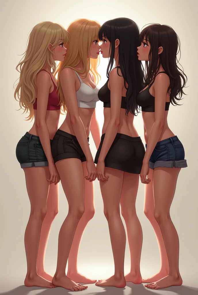extremely detailed picture of 4 cute girls kissing in short skirts showing panties