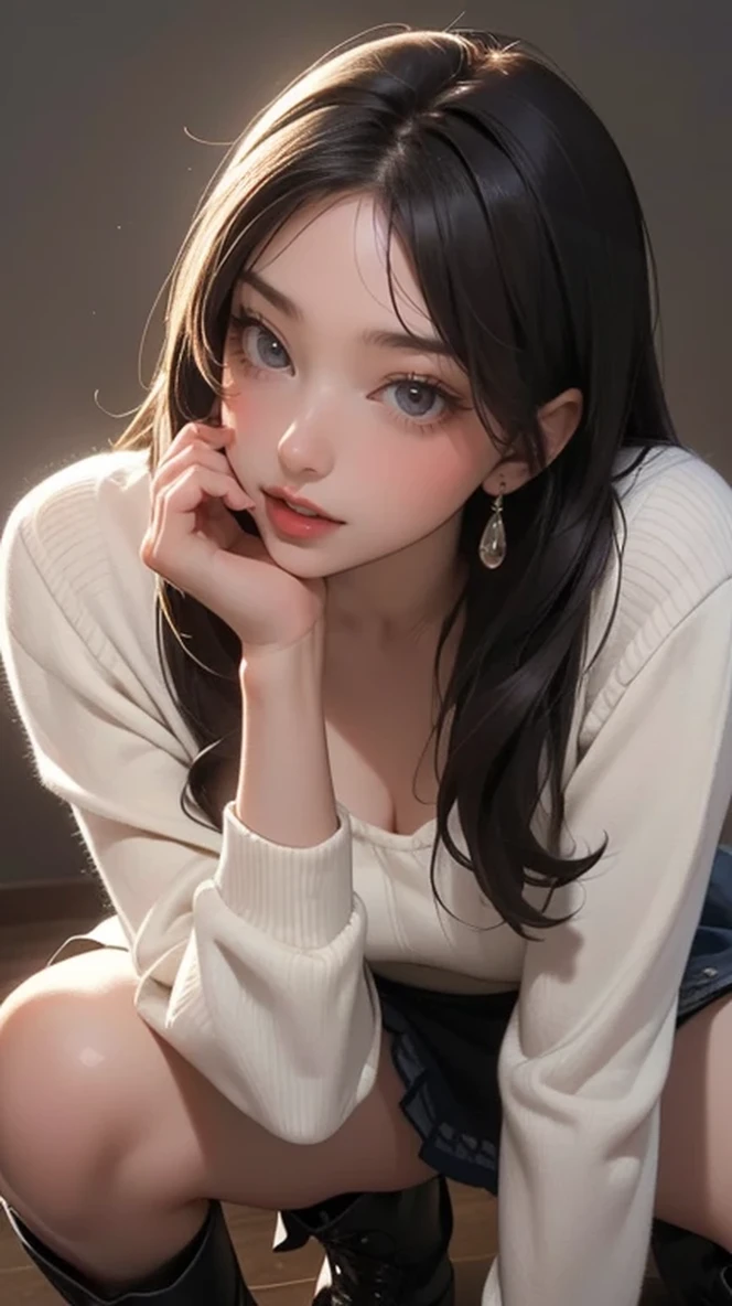 (Random pose),(Highest image quality,(8K),Ultra-realistic,best quality, high quality, HD, high quality texture,High Detail,Exquisite and detailed,fine,Extremely detailed CG,Detailed texture,Realistic reproduction of the face,masterpiece,Presence),sweater,Tight mini skirt,stocking,Engineer Boots