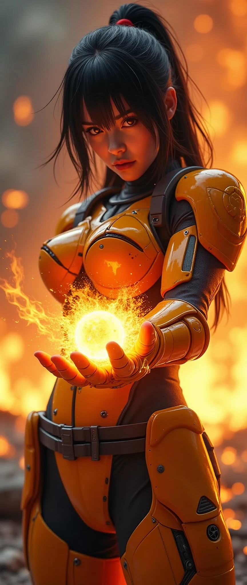 (masterpiece:1.2, Highest quality,Ultra-high resolution,Super detailed),8k,wallpaper,(Armored Core Style),Woman in ninja robot armor,Black Hair,Random Hairstyles,(Fire Ninja),(Orange body),(Detailed face:1.3),(Detailed body:1.3),(Cowboy Shot),(The background is burning flames and ash:2.0),(Preparing for battle,Stores a ball of fiery energy in the palm of your hand,The electronic parts of the armor glow.),(Detailed hands:1.8),(Flashy special move effects:2.0)