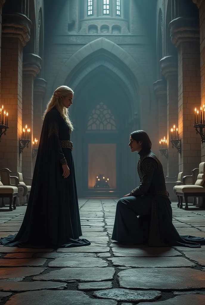 Daemon Targaryen kneeling before Queen Rhaenyra Targaryen in the grand hall of Harrenhal, with torches casting flickering shadows on the ancient stone walls