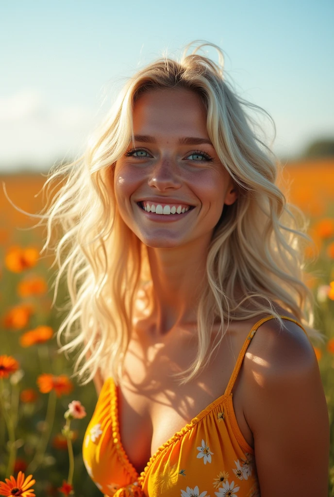 (masterpiece, vibrant portrait:1.3), (captivating depiction of a blonde woman in a flower-filled field:1.2), (Canon EOS 5D Mark IV camera, renowned for capturing vibrant colors and rich textures:1.2), (paired with the Canon EF 35mm f/1.4L II USM lens for versatile compositions:1.2), (flowing and voluminous blonde hair caught in the breeze, adding dynamism:1.1), (radiant blue eyes reflecting the sky's hue:1.1), (flawless face exuding perfection:1.1), nude, (her cheerful smile radiating genuine happiness:1.1), (a mix of wildflowers creating a vibrant backdrop:1.1), (a sunlit field painting a joyful atmosphere:1.1), (the camera's sensor capturing the intricate textures of her hair and fabric:1.1), (the lens emphasizing her captivating smile and vibrant attire:1.1), (a moment capturing carefree joy in the midst of nature:1.1), (the synergy of colors and emotion in a single frame:1.1), (a portrait that captures the essence of a radiant spirit in a blooming landscape:1.1)