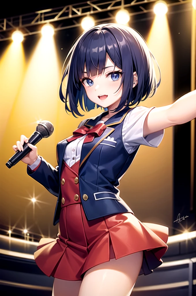 Blue-purple short bob high school girl、Blue eyes、Sailor suit、blazer、Red Skirt、The background is a concert hall、(((Girl Band)))、live、Idol、Hold the microphone by both ends、Spotlight in the darkness