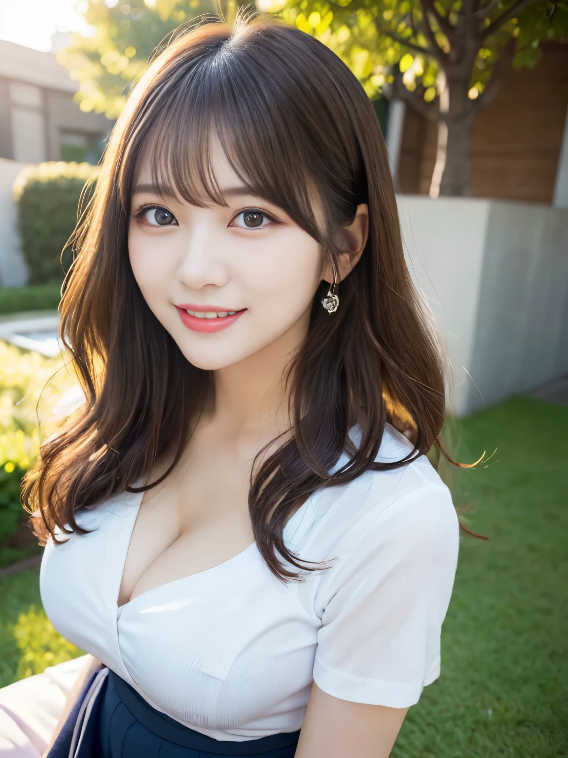 Looking at the camera、gazing at viewer、huge tit、cute smile face、((realphoto:1.5)),Photorealistic、Live action、cleavage of the breast、Navy blue office suite with skirt、white shirt、Photo from the knee up、Keep your back straight、up chest、erect through、(Surreal), (High resolution), (8K), ((Extremely detailed)), (Best Illustration),(((Beautiful detailed round eyes))), (Sexy eyes),(Sexy smile), (Best Quality), (masterpiece), (Detailed face), Solo, long curly brown hair,1.1, (Super detailed lip lawn eyelid body), 30 years old, Random body orientation,