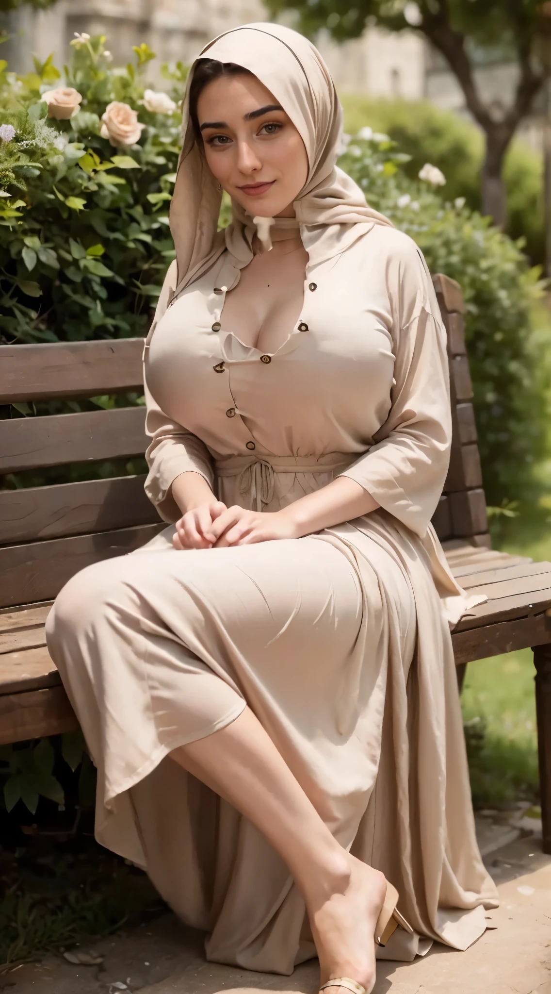 Beautiful and regal, imperious and aloof, busty athletic (thin) brunette queen with sharp facial features wearing a modest updo, dark red medieval dress, long sleeves, intricate patterns, embroidery, wide neck, crown, veil, long dress, modest dress, tight bodice, silver (waist chain), medieval jewelry, Middle Ages, castle, rampart, wall, exterior, on top of a castle wall, trees, countryside, evening, sunset.