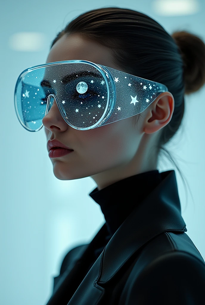 The model is wearing glass sunglasses with stars and the moon on the glass