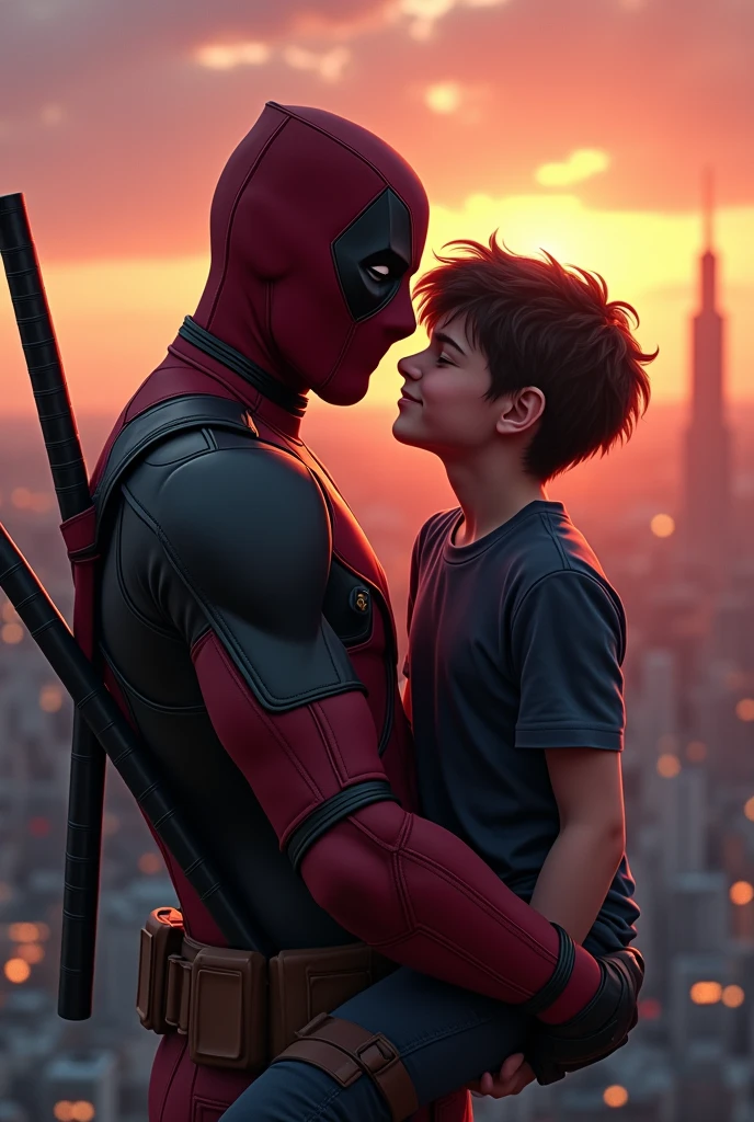 A cool Deadpool wallpaper in which Deadpool is carrying a smart and a bit tall 14 year old boy in his arms and they are Happy and kind of and Deadpool is loving him realistic (brittness 50) and they are at heights and the boy is smart and Deadpool is trying kissing him