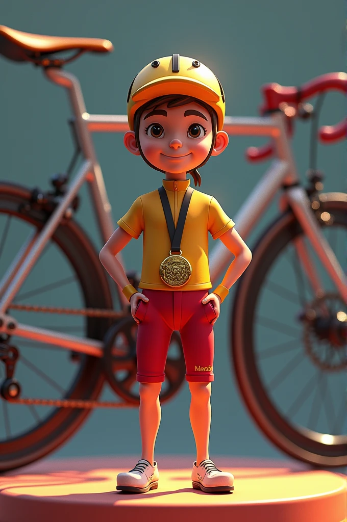 The pocket rockeman, hand on pocket , stand on podium , keirin bicycle behind, olympic medal