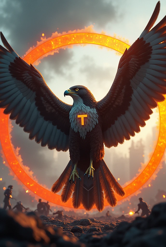 Create a realistic image of a falcon with open wings and a sign on its chest that says I'm from the Northern Falcons team with a battlefield background. The entire image must be inside an orange circle.