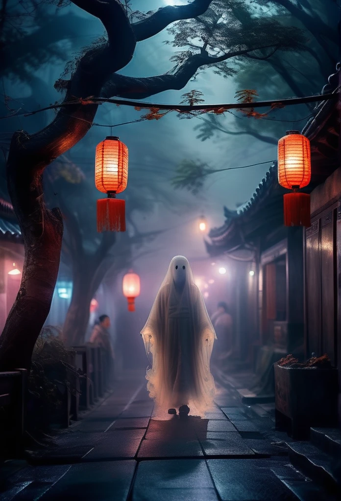 Chinese Ghost Festival,Zhongyuan Universe,ghostly breath,Night street chiaroscuro,Detailed depiction of eerie tree branch texture,Transparent ghosts float in the smoke,Lanterns hanging from trees,There are flowers on it, shaded lighting,background bokeh,depth of field,soft light,aesthetic lighting, dim light,peaceful yet scary atmosphere,Mysterious and dark,Detailed lighting effects,Soft color transitions,Weird place,foggy, Dislocation of space-time,reincarnation flip。 Turn things upside down,The sun and moon have no light, Confusing and absurd,Nightmares again and again。 Mysterious and unreal,Phantoms, gothic shadow,shrouded in all directions。 cyberpunk, the dark forest,Heterogeneous space, Hidden countless unknown secrets,Forgotten souls wandering in the night。