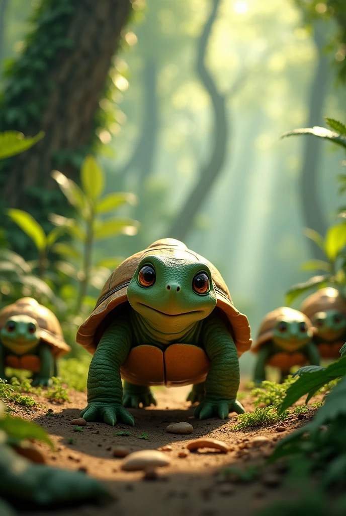 Create an image of a very mischievous turtle in the forest with his little friends Pixar style