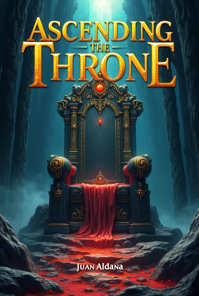A book cover.
The title will be: Ascending the Throne. It will be centered at the top and written in gold..
In the center of the cover you will see a throne made of volcanic rock and precious stones embedded around it..
Below in the center will be the name of the author which is: Juan Aldana. Also written in gold letters The title of the book must be translated into Latin Spanish.
