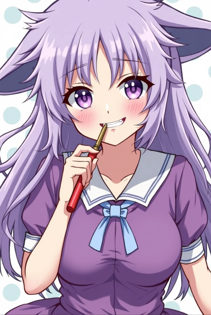 garota em estilo アニメ, light purple hair, Messy hair, brushing teeth, shark teeth, spiral eyes, artistic, アニメ, bangss, purple outfit, sharped teeth