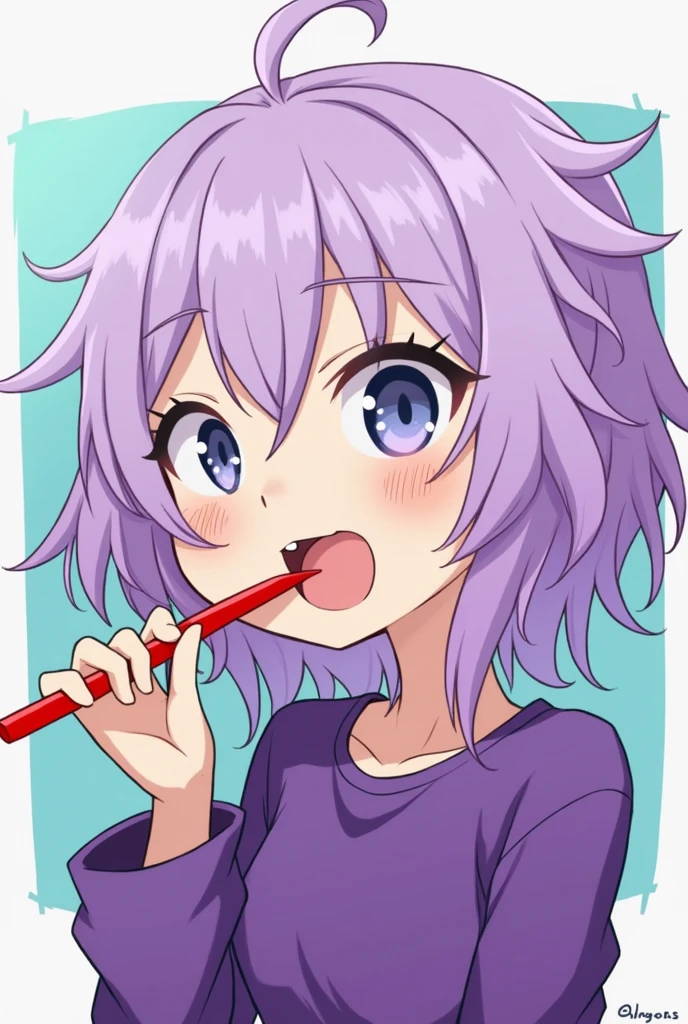 garota em estilo アニメ, light purple hair, Messy hair, brushing teeth, shark teeth, spiral eyes, artistic, アニメ, bangss, purple outfit, sharped teeth