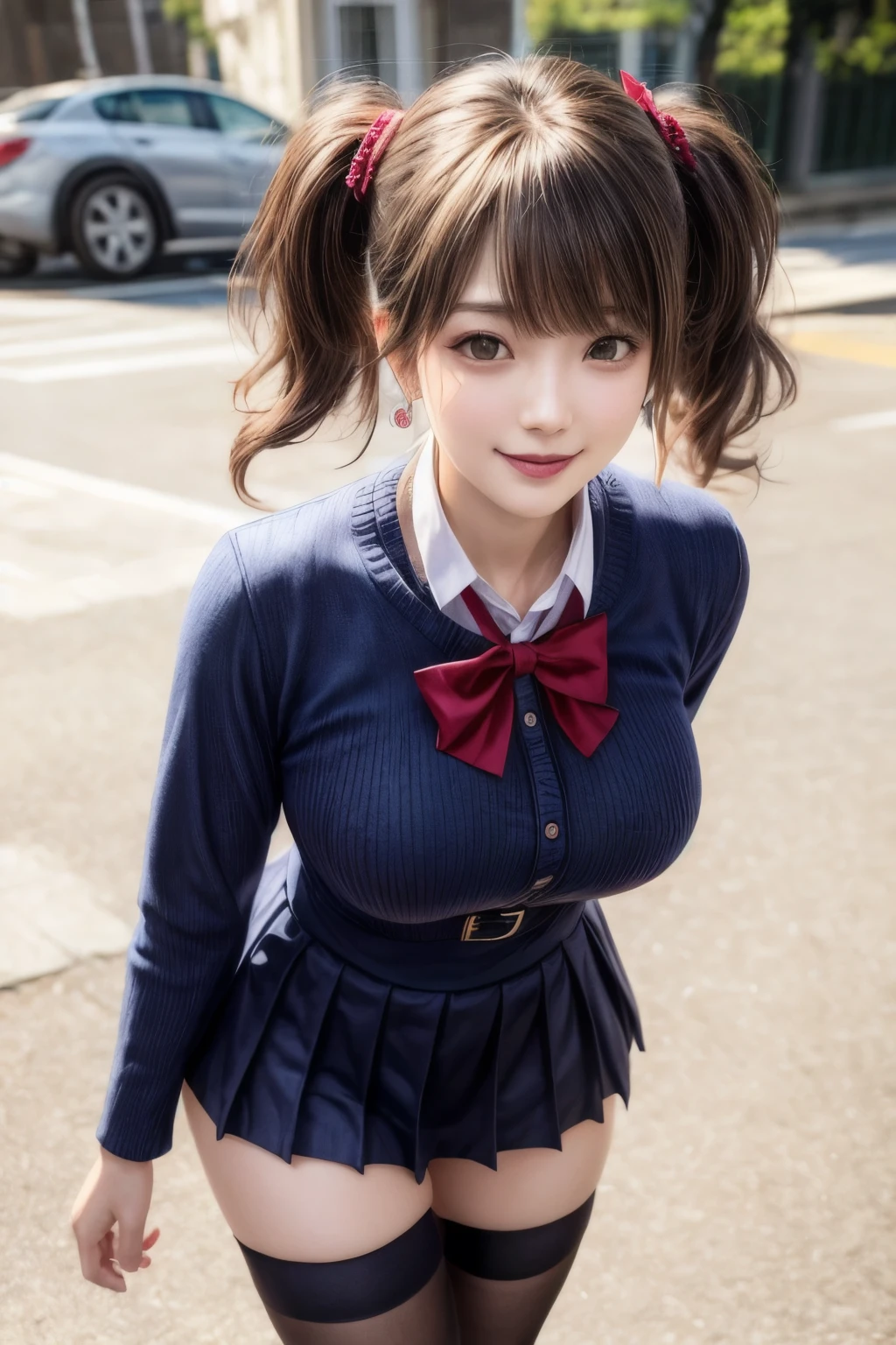 Kujikawa Def,Twin tails,school uniform,Seraph of the Black,Long sleeve,skirt,Knee socks,jewelry,Earrings,Are standing,
Highest quality, Very detailed, masterpiece, Absurd,8k, photoRealistic, Realistic,Detailed skin texture,Detailed pupil,High resolution,Natural light,
One girl,alone,(Happy:1.1),(smile:1.2),short hair,Brown Hair,(Angular face:1.2),Shining Face,Large Breasts, Tight waist, Lip Makeup,