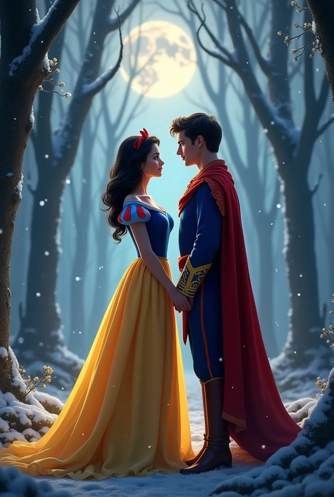 In a tranquil, moonlit forest, Snow White stands with a serene grace beside Prince Florian. Snow White, clad in her iconic dress of vibrant yellow, red, and blue, glows softly under the silver light. Her raven hair cascades in gentle waves, framing a face that radiates kindness and warmth. Prince Florian, dressed in regal, deep blue and crimson attire, gazes at her with adoration. The scene is bathed in a magical stillness, with the delicate snowflakes drifting around them, creating a fairy-tale ambiance of timeless love and enchantment.