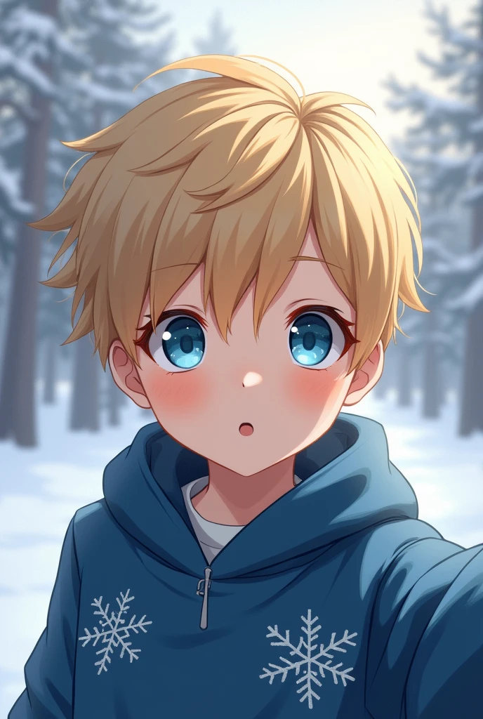 (design photo between realistic and anime) a boy with short, straight blond hair, blue eyes and white skin with a pose as if she had taken a selfie and wearing a blue sweater and a discreet snowflake design, and behind on the snowy stage