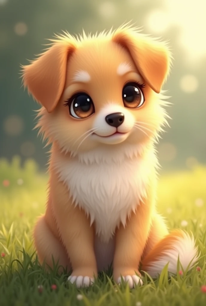 You can make a picture of a blonde female dog resembling a Castilian with half of the tail black and almond eyes, Long blonde eyelashes that look tender and loving