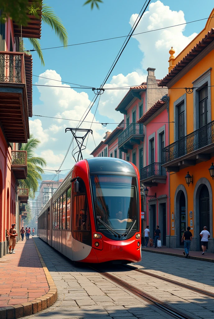 Panama's old town with a modern tram at a stop