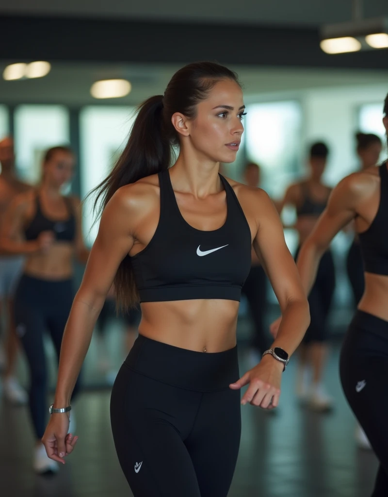 Brunette instagram influencer, dressed in older black Nike leggings and sports bra with small Nike logo, working out with another girl, large gym background, mirror, people working out, great lighting, candid photo