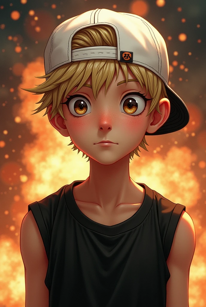 a young man with a white cap on backwards, small, wide-set eyes that are drooping brown , THEY ARE NOT BIG, and an enlarged nose . The man has light skin, short blonde hair peeking out from under the cap, and a slight smile. He is dressed in a black sleeveless T-shirt, with explosive background, since this man is reaching madness, Let it be seen that madness is coming . that looks like DALASREVIEW