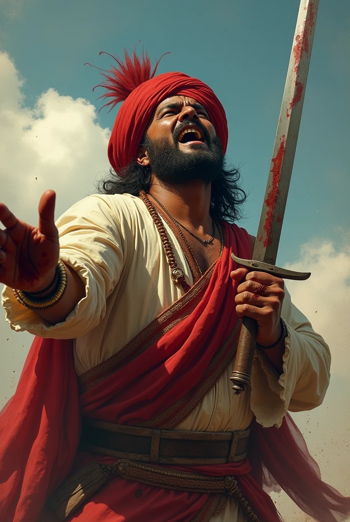 18th century 40 year old Indian man in brown complextion in male gown shouting at sky with blood strained moustache and blood strained hands with a sword in one hand and wearing red turban

