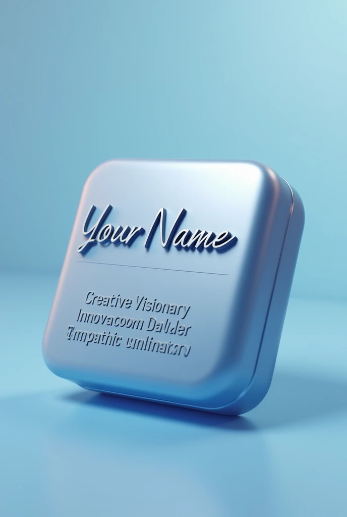 {
  "prompt": "A 3D-rendered image of a sleek, modern website-style container with a glossy finish and subtle drop shadows. The container is designed with rounded edges, resembling a user interface card or widget. The top of the container displays your name in a beautiful, modern web font, like a mix of cursive and sans-serif. Below the name, there's space for glowing, neatly aligned text lines with compliments such as 'Creative Visionary,' 'Innovative Leader,' and 'Empathetic Mentor.' The background of the container features a subtle gradient, reminiscent of a modern website design with cool tones like blue and silver, and gentle highlights to enhance the 3D effect.",
  "size": "1024x1024"
}