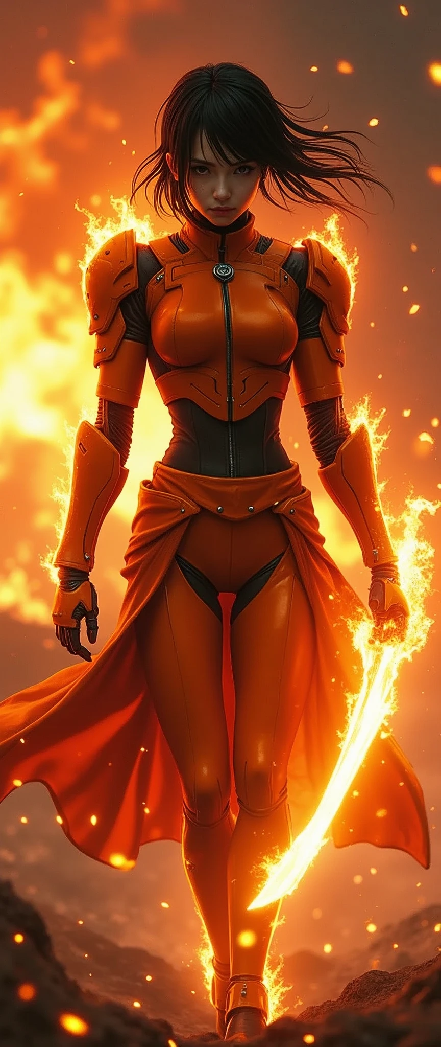 (masterpiece:1.2, Highest quality,Ultra-high resolution,Super detailed),8k,wallpaper,(Armored Core Style),Woman in ninja robot armor,Black Hair,Random Hairstyles,(Fire Ninja),(Orange body),(Detailed face:1.3),(Detailed body:1.3),(Cowboy Shot),(The background is a burning flame and a red battlefield:2.0),(Preparing for battle,Creates a blade-shaped flaming energy body in the palm of the hand.,The electronic parts of the armor glow.),(Detailed hands:1.6),(Flashy special move effects:2.0)