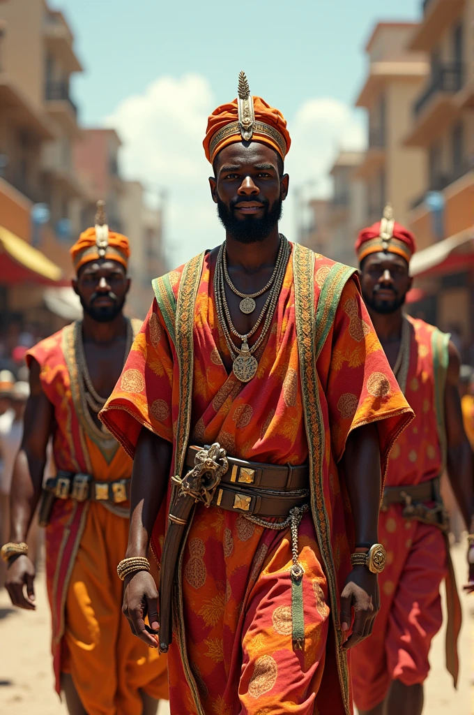 A charming African prince in the town with he's guards walking beside him