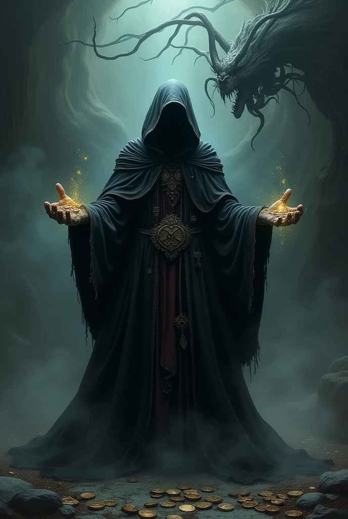 A wizard in a black cloak and hood summoning a black demon with coins in his hand